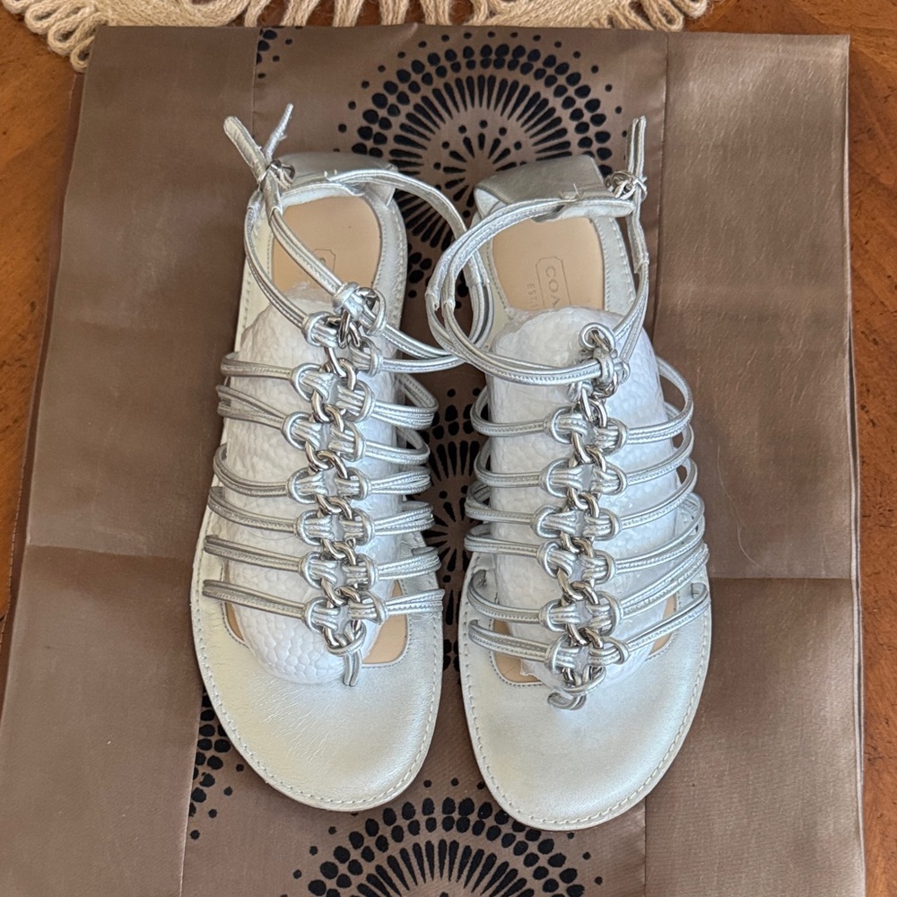 Coach Gillian Silver Braided Gladiator Sandals